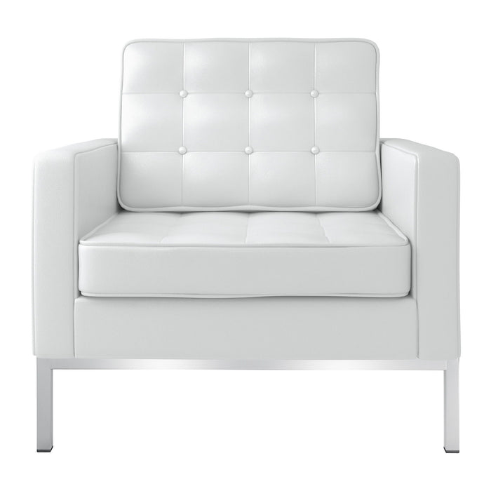 Italian Leather Tufted Arm Chair - White And Silver