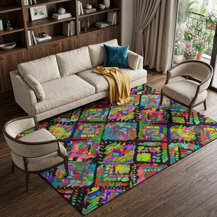10' X 14' Geometric Washable Area Rug With UV Protection (693006) - Black / Red / Pink / Green