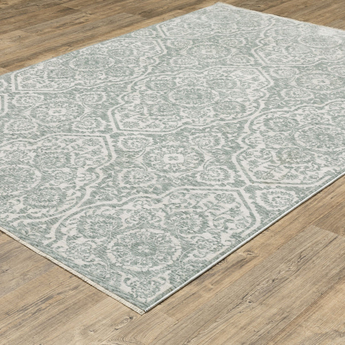 7' X 10' Medallion Area Rug With Fringe (575121) - Teal / Ivory