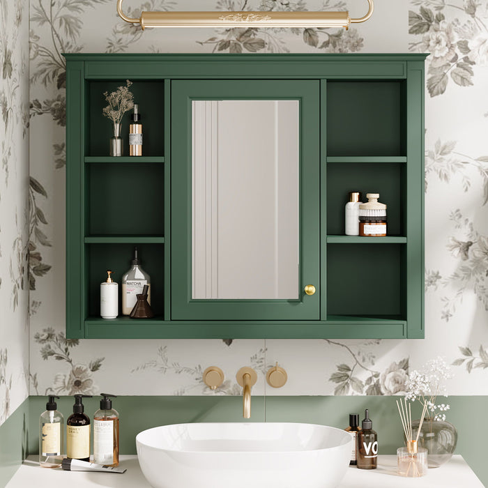 Giga wall-mounted medicine cabinet with mirror, featuring 6 open shelves and adjustable interior storage for bathroom organization.