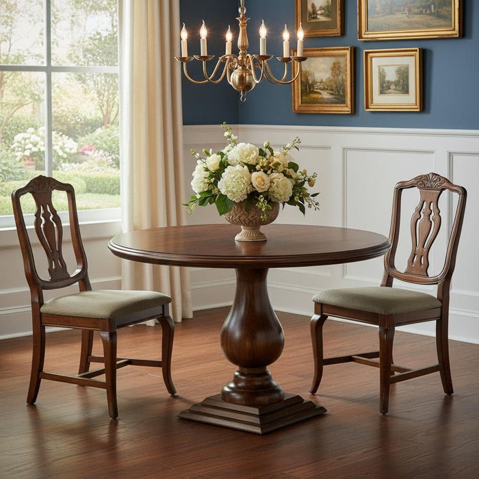 48" Solid Wood Pedestal Base Round Top Dining Room Table - Brown