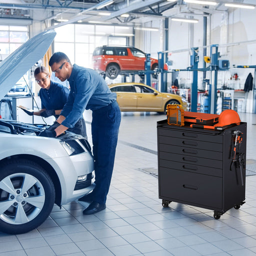 Giga heavy-duty rolling tool cabinet with lockable doors and drawers for garage storage, featuring sturdy metal construction and wheels.
