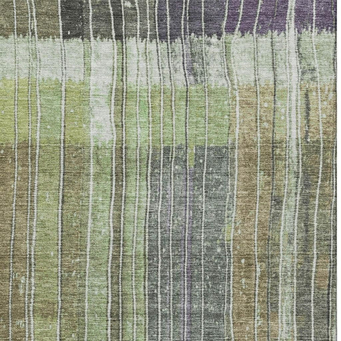 10' X 14' Striped Washable Area Rug With UV Protection (709510) - Artichoke Green / Purple / Charcoal