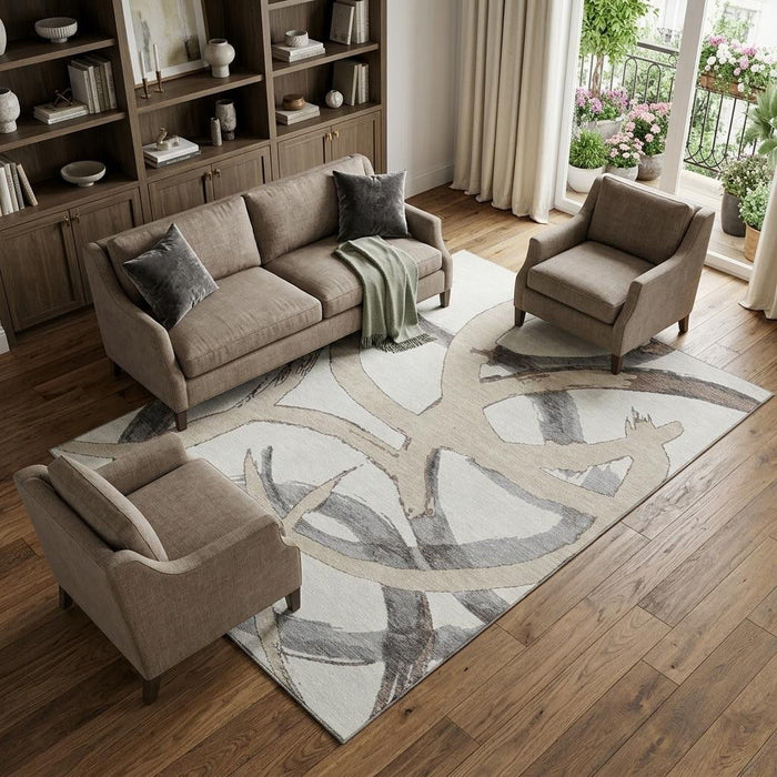 10' X 14' Abstract Washable Area Rug With UV Protection (680259) - Ivory / Beige / Gray