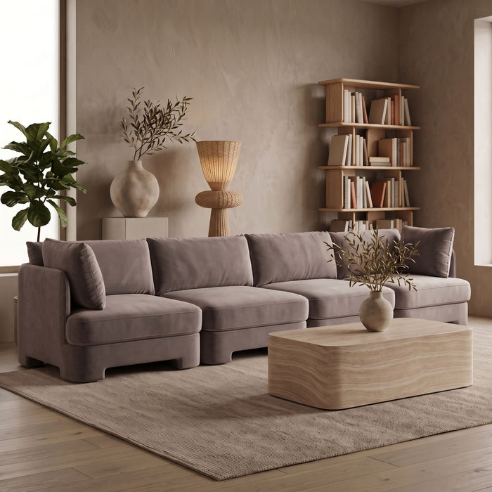 Meridian Furniture Hammond velvet performance fabric upholstered 4-piece stationary sectional sofa with plush cushions and modern design.