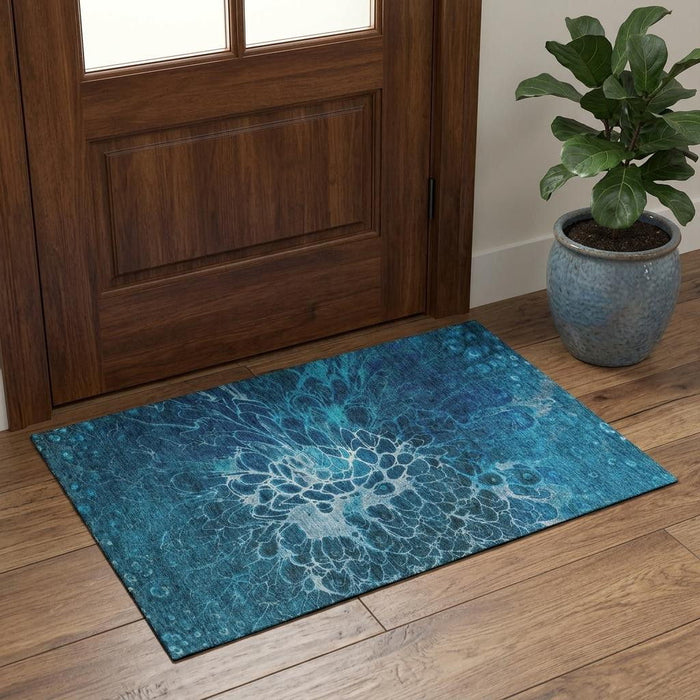 3' X 5' Abstract Washable Area Rug With UV Protection (654573) - Navy Blue / Ivory