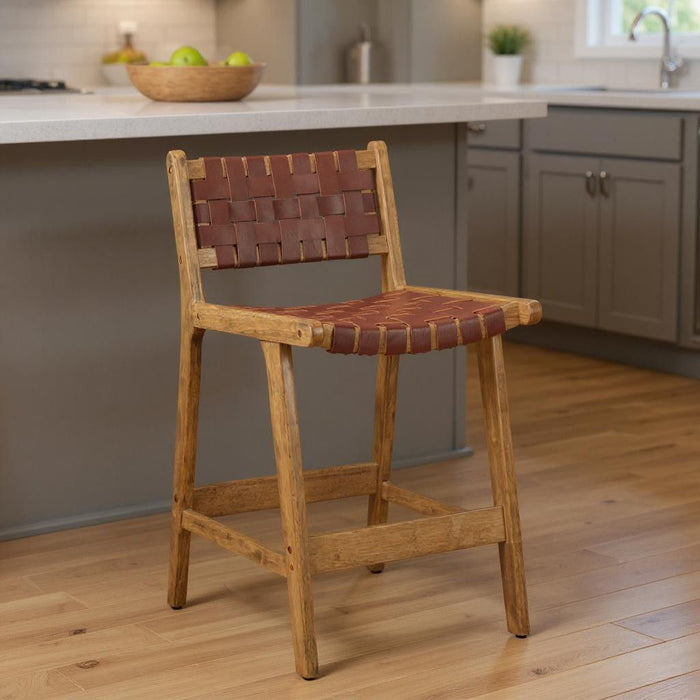 Leather And Solid Wood Low Back Counter Height Bar Chair - Brown