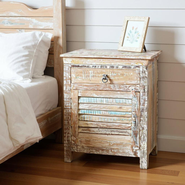 30" One Drawer Shutter Solid Wood Nightstand - Distressed White