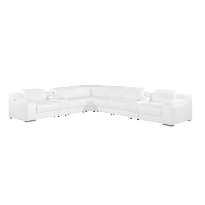 Italian Leather 4 Power Reclining L Shaped Eight Piece Corner Sectional With Console - White