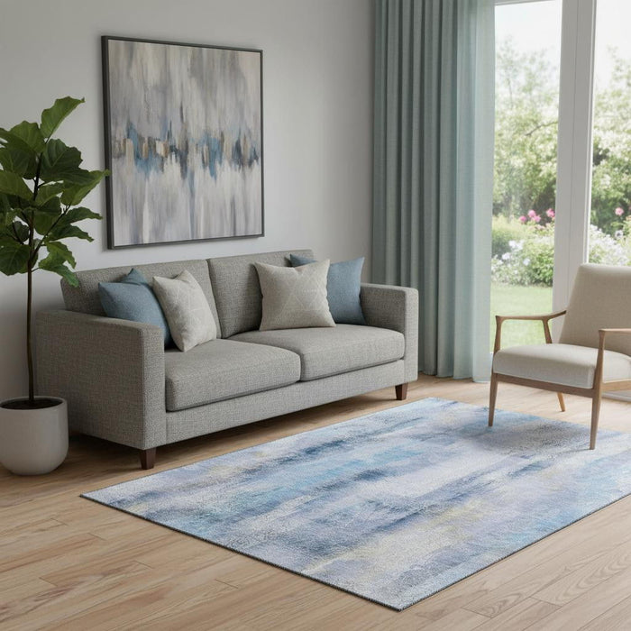 5' X 8' Abstract Washable Area Rug With UV Protection (648114) - Blue / Ivory