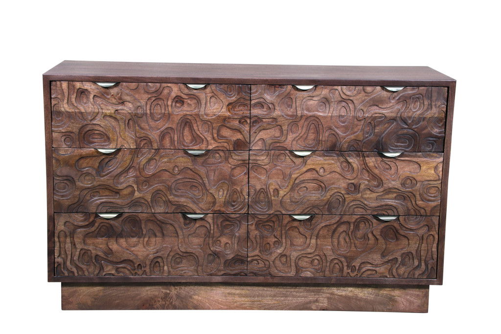 57" Carved Abstract Solid Wood Six Drawer Dresser - Brown