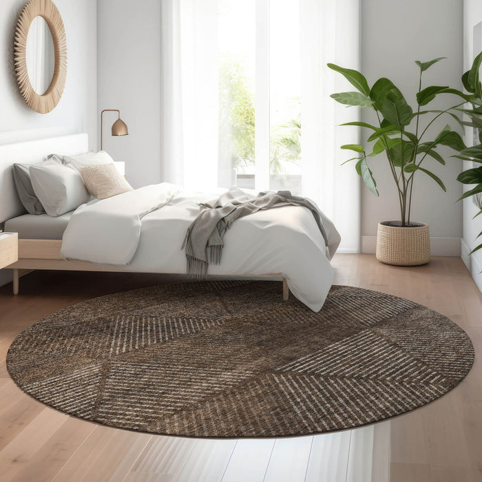 8' Geometric Washable Round Rug With UV Protection - Brown And Taupe