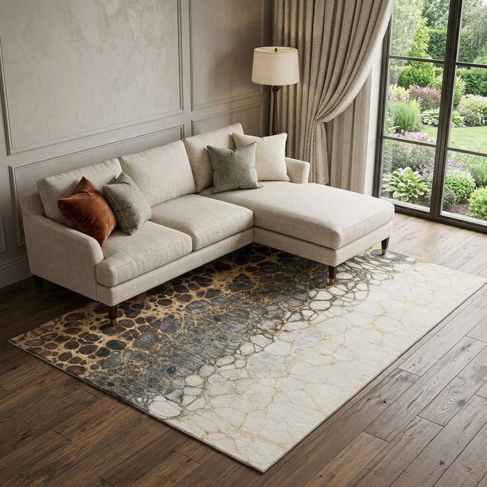 8' X 10' Abstract Distressed Washable Area Rug With UV Protection (657075) - Ivory / Gray / Gold