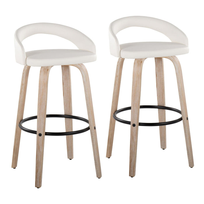 Grotto - Upholstered Fixed-Height Barstool (Set of 2) - Whitewashed Wood, White Faux Leather, Black Metal