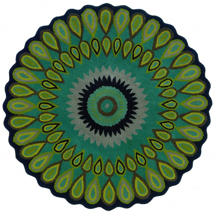 8' Round Peacock Feather Area Rug - Green