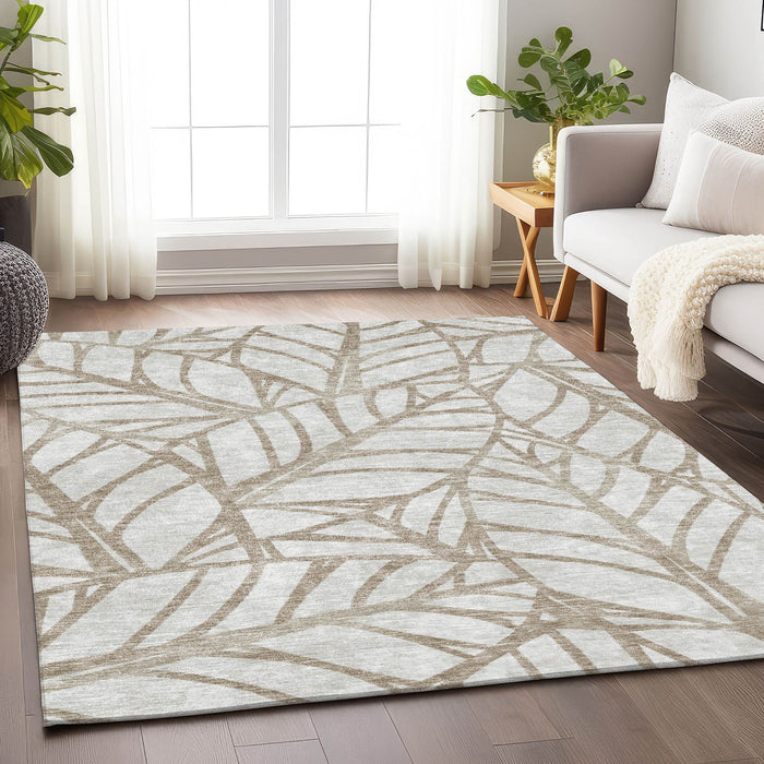 9' X 12' Floral Washable Area Rug With UV Protection - Beige And Brown