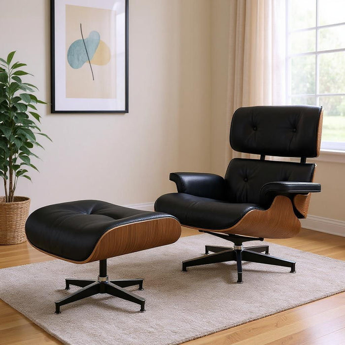 28" Tufted Leather Lounge Chair With Ottoman - Black And Light
