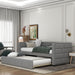 Gray upholstered Giga twin size daybed with trundle, padded back and sides, featuring a sleek, modern design for versatile bedroom use.