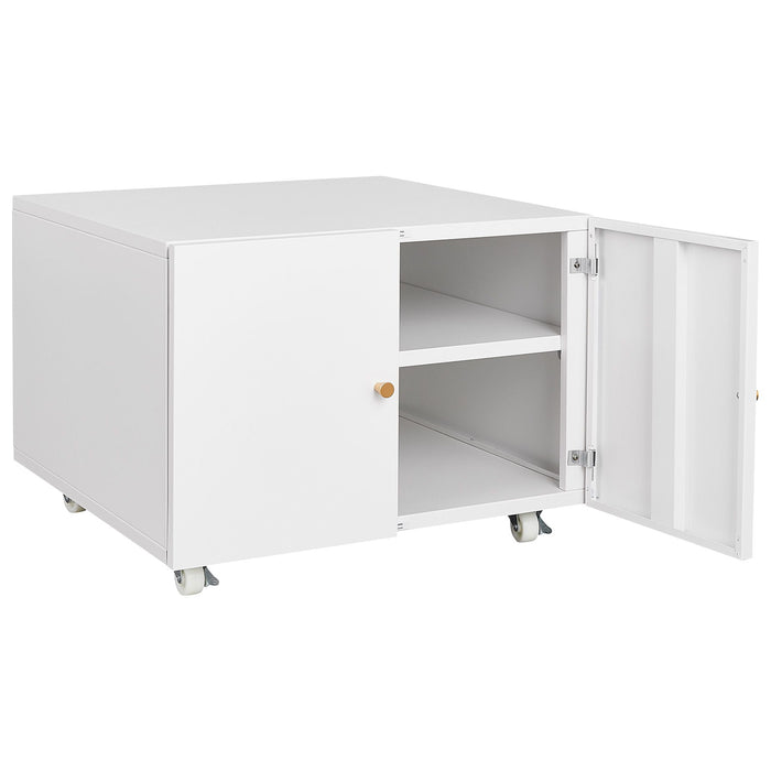 Giga office copier cabinet with two steel doors, mobile printer stand and pedestal file for office organization and storage.