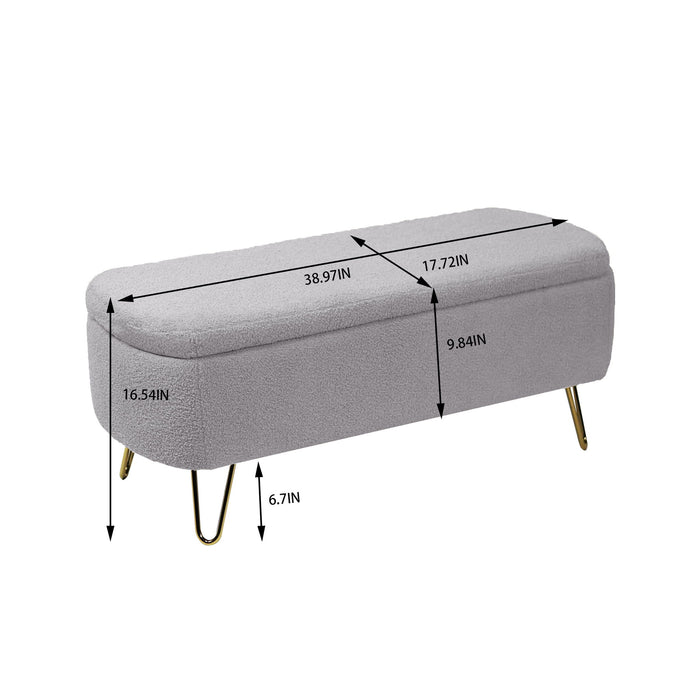 Giga storage ottoman bench with modern camel faux fur upholstery, padded seat, and hidden storage for bedroom or living room.