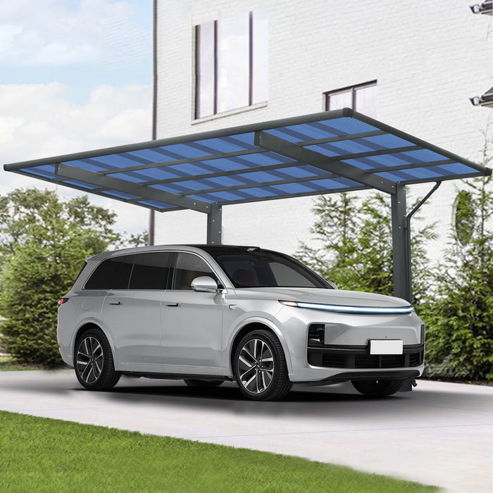 Giga outdoor single carport with aluminum frame and polycarbonate panels, ideal for driveway parking for car or truck in charcoal color.