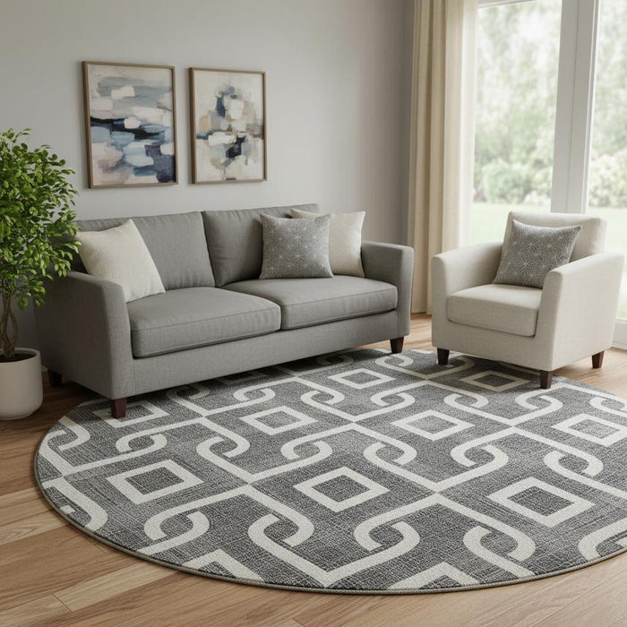 8' Geometric Washable Round Rug With UV Protection (652464) - Black / Ivory