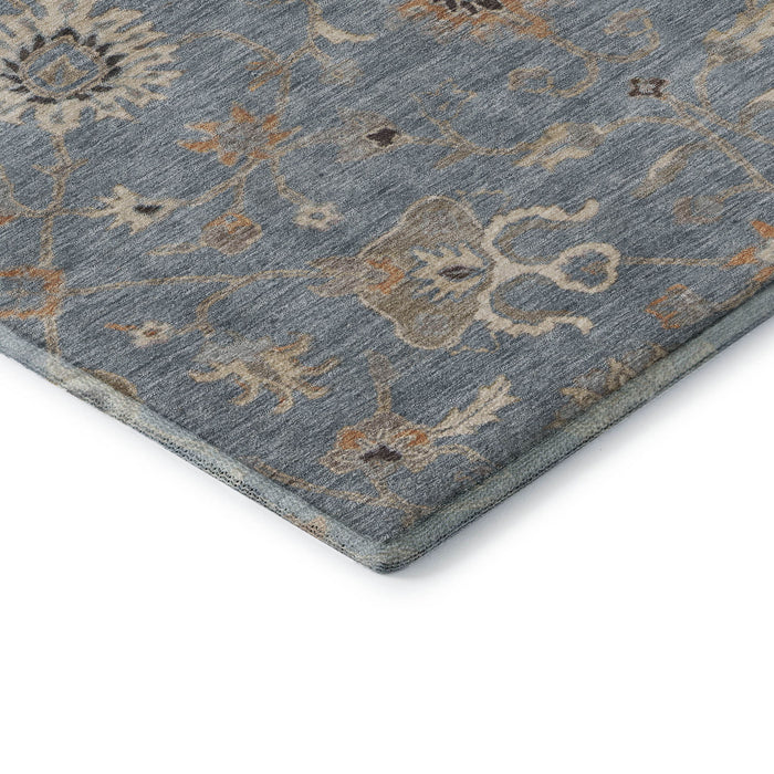 10' X 14' Floral Washable Area Rug With UV Protection (686120) - Denim Blue / Beige / Copper