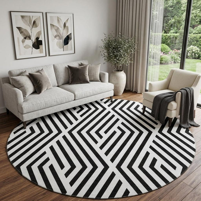 8' Geometric Washable Round Rug With UV Protection (648517) - Black / Ivory