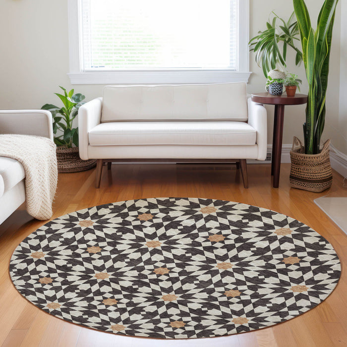 8' Copper Geometric Washable Round Rug With UV Protection - Charcoal
