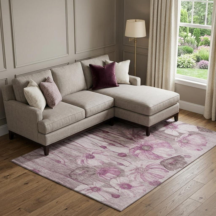 10' X 14' Floral Washable Area Rug With UV Protection (657311) - Plum / Ivory