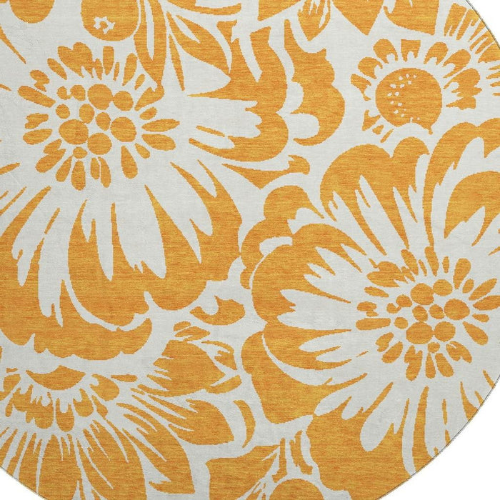 8' Floral Washable Round Rug With UV Protection (648673) - Orange / Ivory