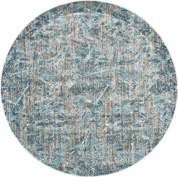 9' Abstract Power Loom Worn Faded Round Rug - Blue Taupe And Ivory