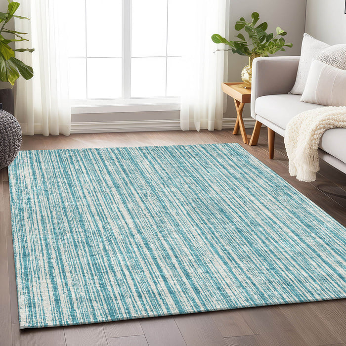 10' X 14' Striped Washable Area Rug With UV Protection - Teal And Ivory