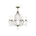 26-inch six-light dimmable chandelier with shades in antiqued brass finish, featuring elegant design and decorative detailing.
