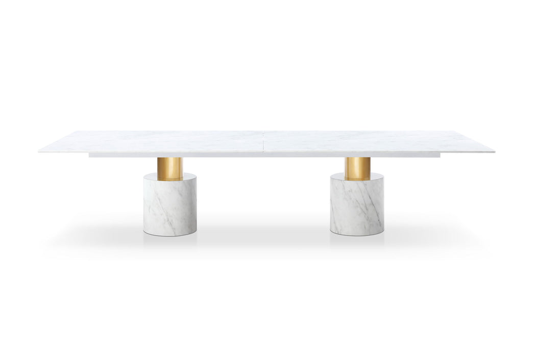Marble Steel Double Pedestal Base Dining Table - White / Gold
