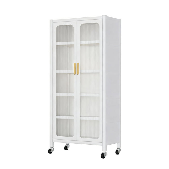 Giga 6-tier storage cabinet with transparent doors, adjustable shelves, and wheels, ideal for organized display and storage.