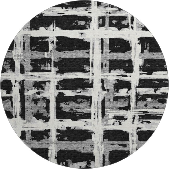 8' Striped Washable Round Rug With UV Protection - Black And Silver