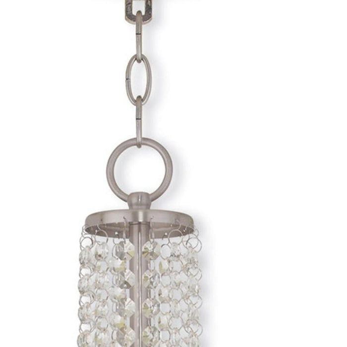 20-inch HomeRoots metal chandelier with three lights, clear and off-white shades, dimmable nickel finish, modern lighting fixture.
