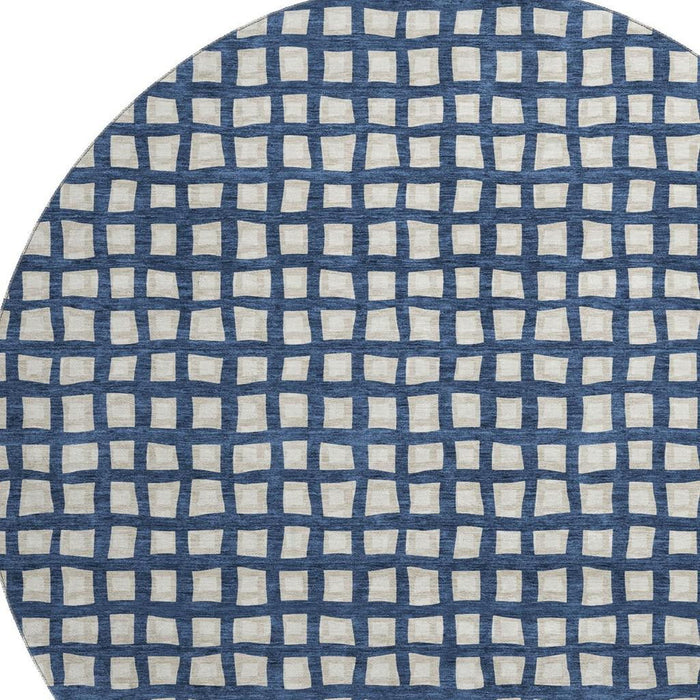 8' Transitional Geometric Washable Round Rug With UV Protection - Blue And Ivory