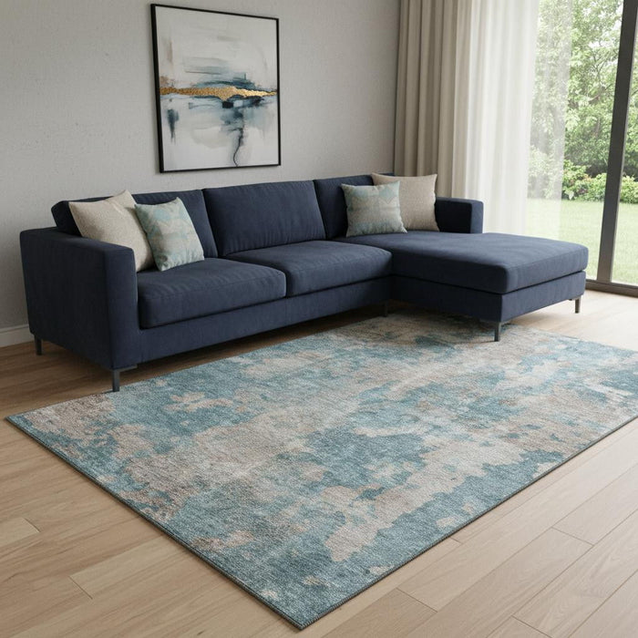 10' X 14' Abstract Washable Area Rug With UV Protection (649852) - Teal / Ivory