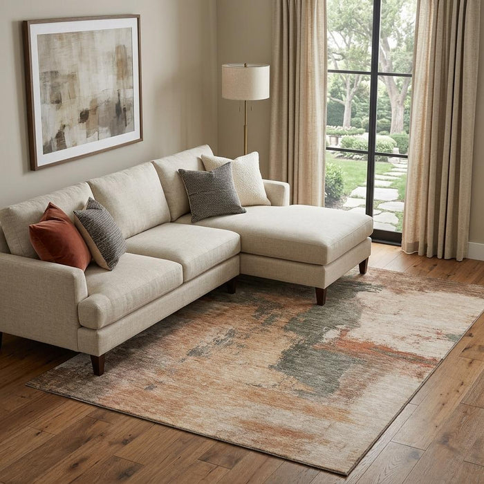 10' X 14' Abstract Washable Area Rug With UV Protection (683554) - Terra Cotta / Beige / Sage