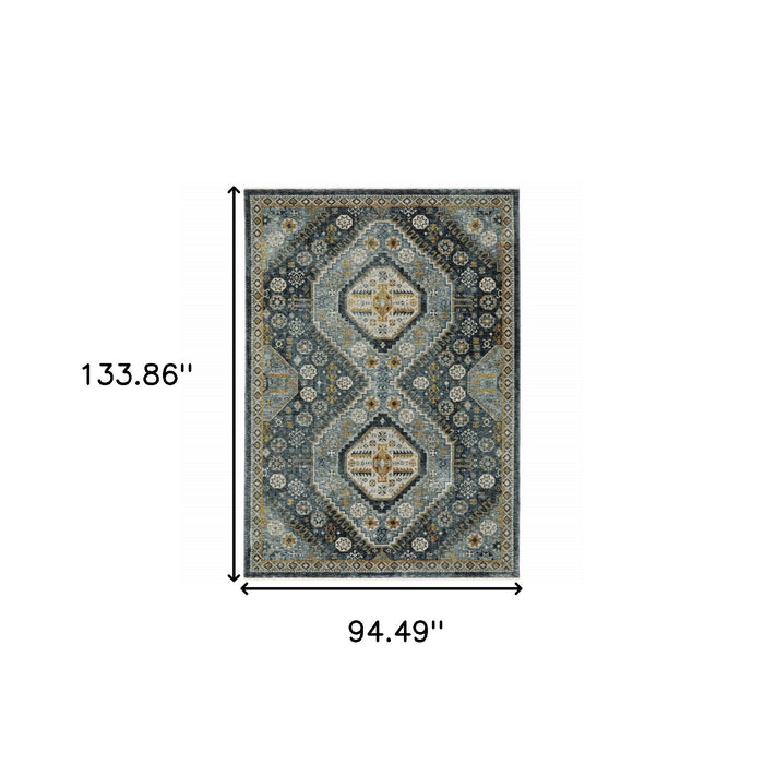7.9' x 11.2' Oriental Power Loom Area Rug With Fringe - Ivory And Blue