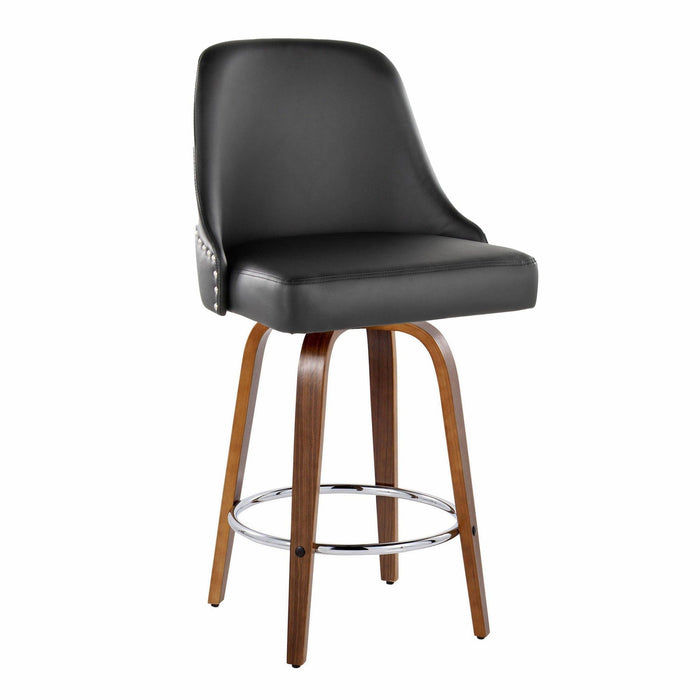 Marcel - 26" Fixed-Height Counter Stool With Swivel And Round Chrome Metal Footrest (Set of 2) - Walnut Wood And Black Faux Leather With Chrome Nailhead Trim