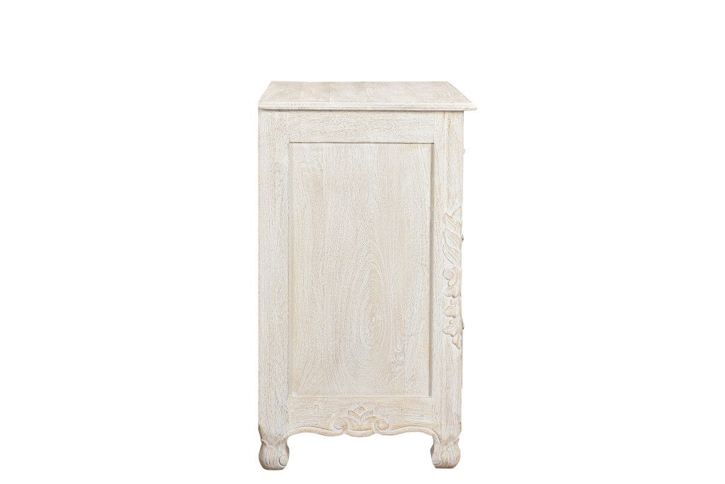 Three Drawer Floral Carved Solid Wood Nightstand - Distressed White