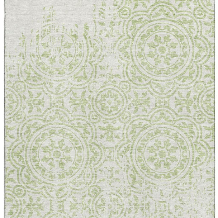 10' X 14' Medallion Washable Area Rug With UV Protection - Artichoke Green / Ivory