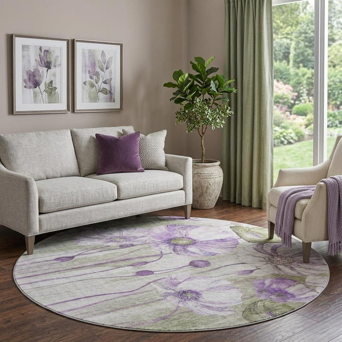 8' Floral Washable Round Rug With UV Protection (657314) - Purple / Green / Ivory