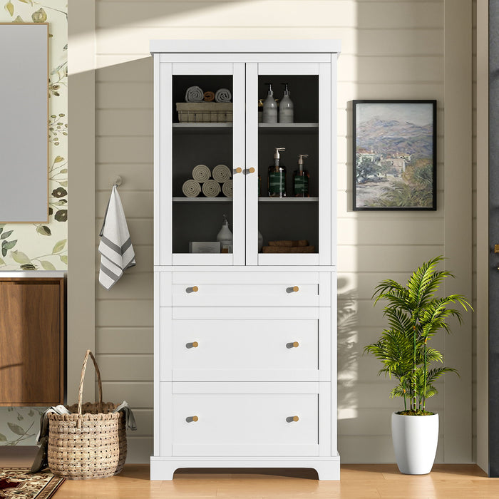 Giga freestanding tall bathroom linen cabinet with adjustable shelves, drawers, and soft-close glass doors.