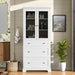 Giga freestanding tall bathroom linen cabinet with adjustable shelves, drawers, and soft-close glass doors.