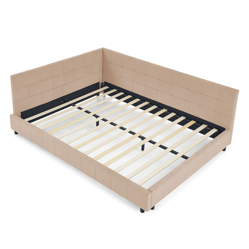 Giga mid-century upholstered bed frame with tufted headboard, backrest, and armrests, showcasing a stylish and comfortable design.