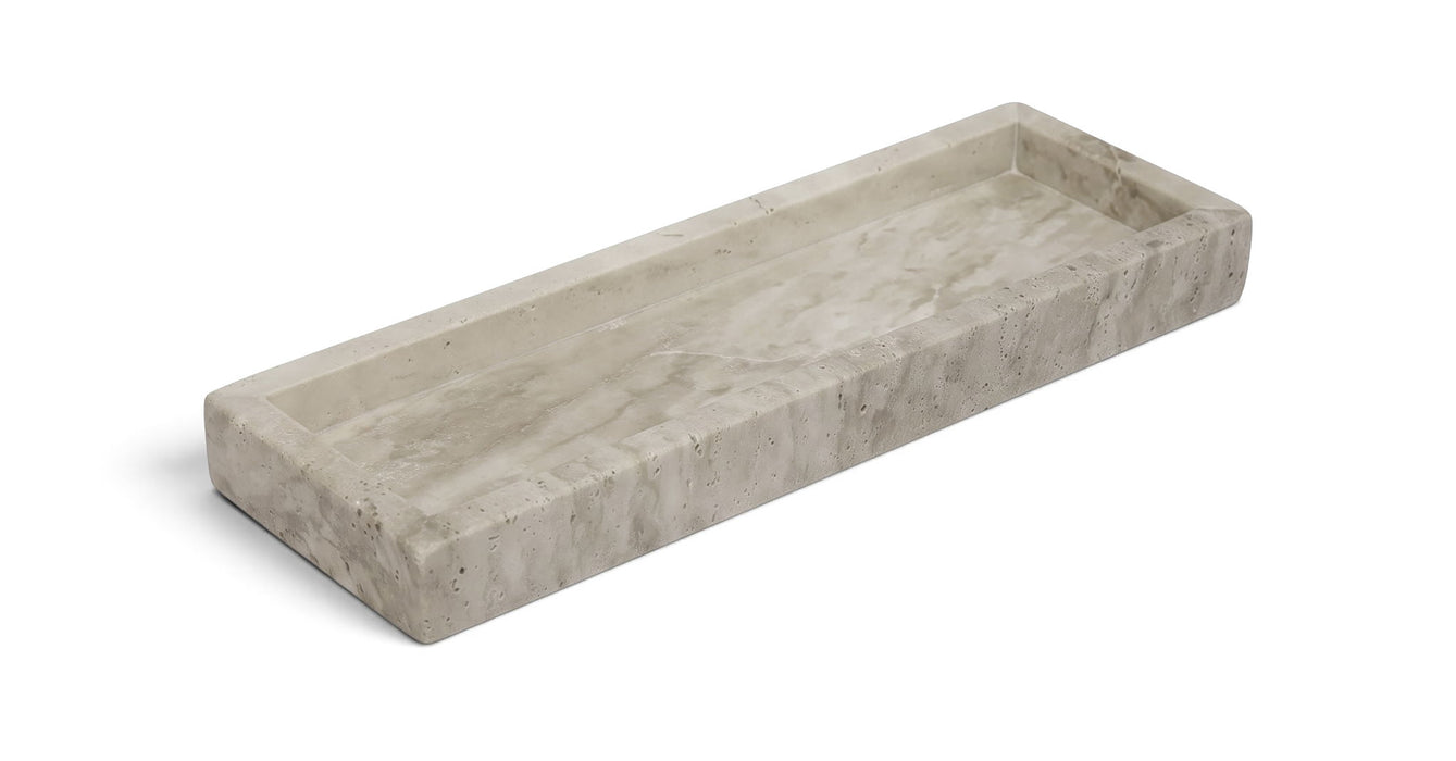 Michael Meridian Furniture travertine tray with gold handles, rectangular serving tray with elegant stone surface and modern design.